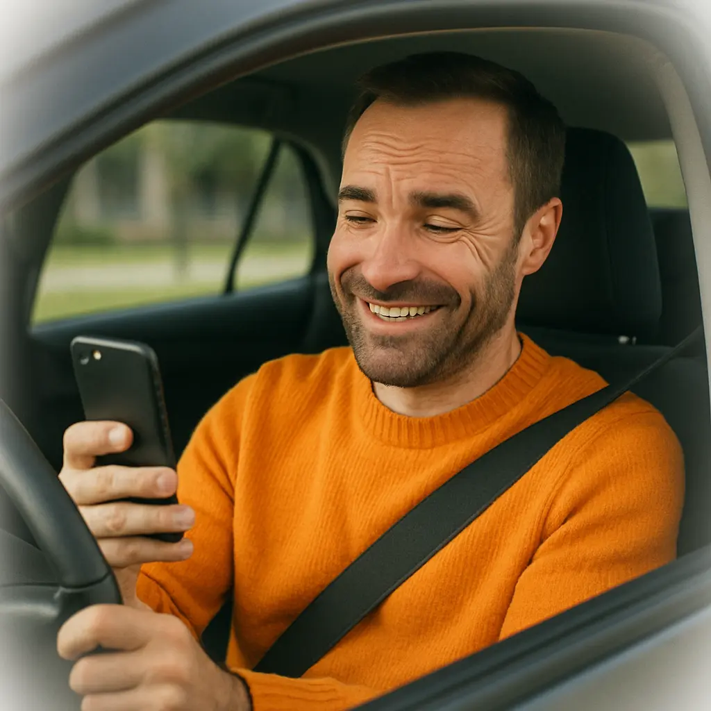 Mann mit Handy am Steuer